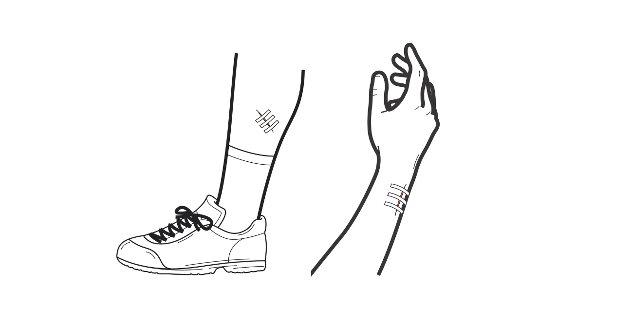 ankle sock, arm band, stitching, bandage?, braces, ankle brace, wrist band, bandage, medical, illustration